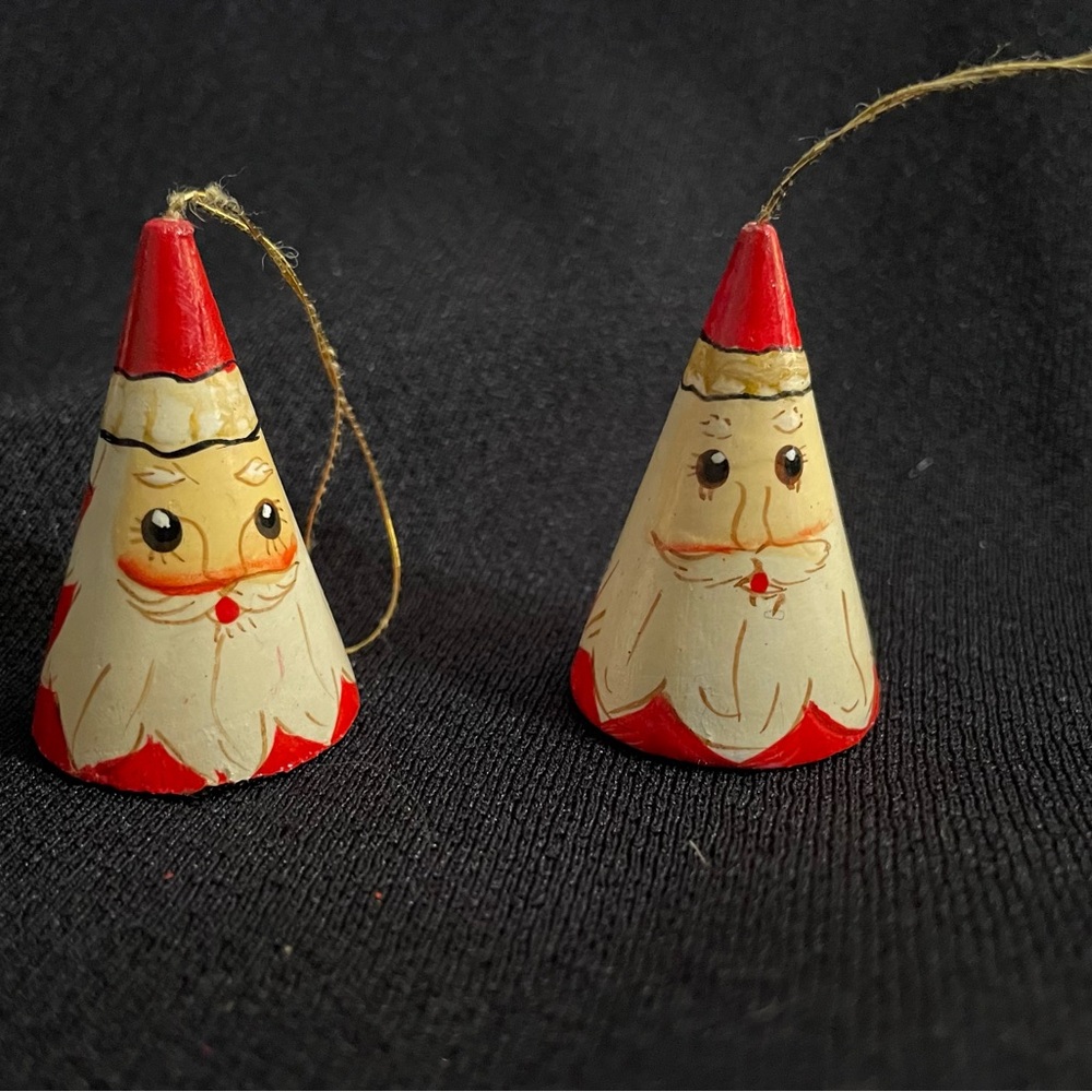 Vintage Pair of Santa Claus Hand painted Wooden Cone Ornaments